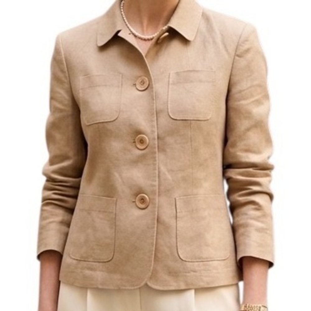Talbots Womens Tan Irish Linen Safari Blazer Jacket 4-Pocket Button Front Size 6